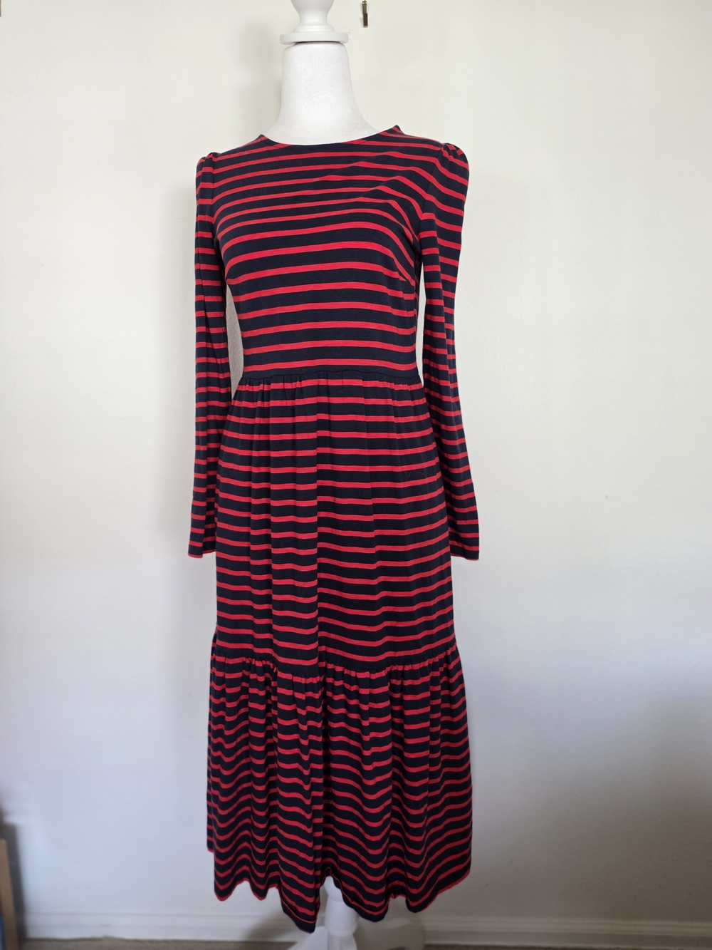 Boden Emma Navy/Red Striped Knit Midi Dress Long Sleeve Crew Neck Women's Size 2
